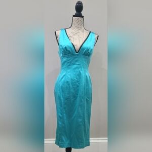 Satin Teal Midi Slip Dress with Lace Trim - Women Dresses Midi